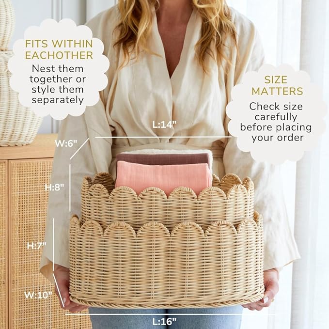 BEBE BASK Premium Scalloped Basket Set Of 2 - Scallop Basket - 16 x 10 x 7 Inch - Hand-Woven Elegant Wicker With Scalloped Edge - Nursery Storage (Natural)