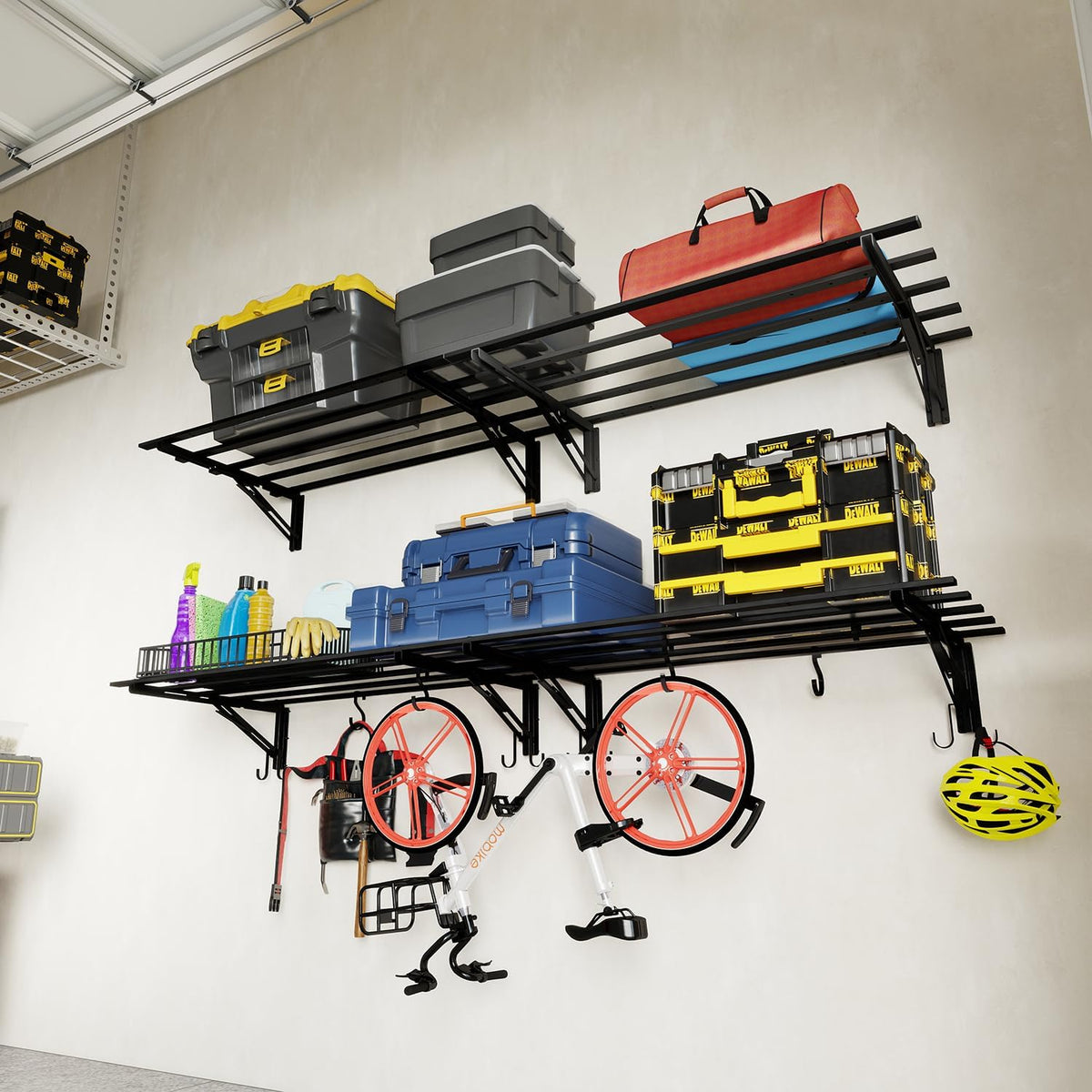 4-Pack Garage Storage System Shelves 3.21x1.64 ft - Compact Folding Wall Shelves for Garage, Sturdy Metal Wall Shelving with Hooks, Versatile Metal Hanging Shelf Design, Sleek Floating Black Shelf