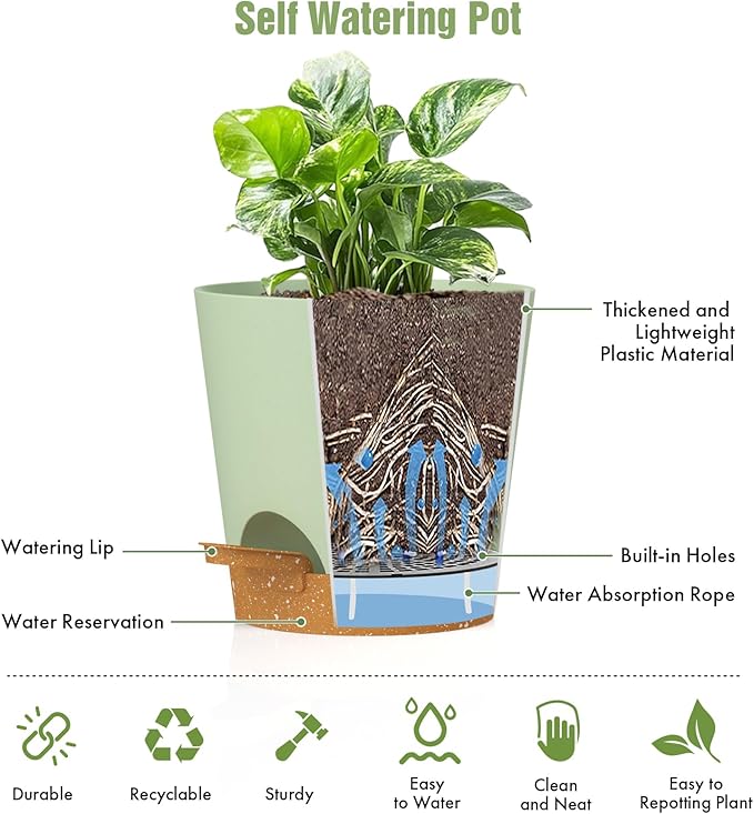 4 inch Self Watering Pots for Indoor Outdoor Plants, 6 Pack Plastic Flower Planters with Drainage Holes and Removable Saucers, Plant Pots with Wicking Rope, Modern Decor, Green Brown