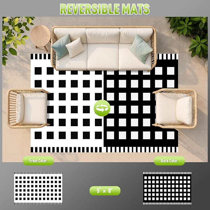 WILDROOTS 5x8 Feet Horizontal Edge Check Plastic Outdoor Rug, Stain Resistant Waterproof Reversible Outdoor Patio Rug, Fade Resistant Camping Rug