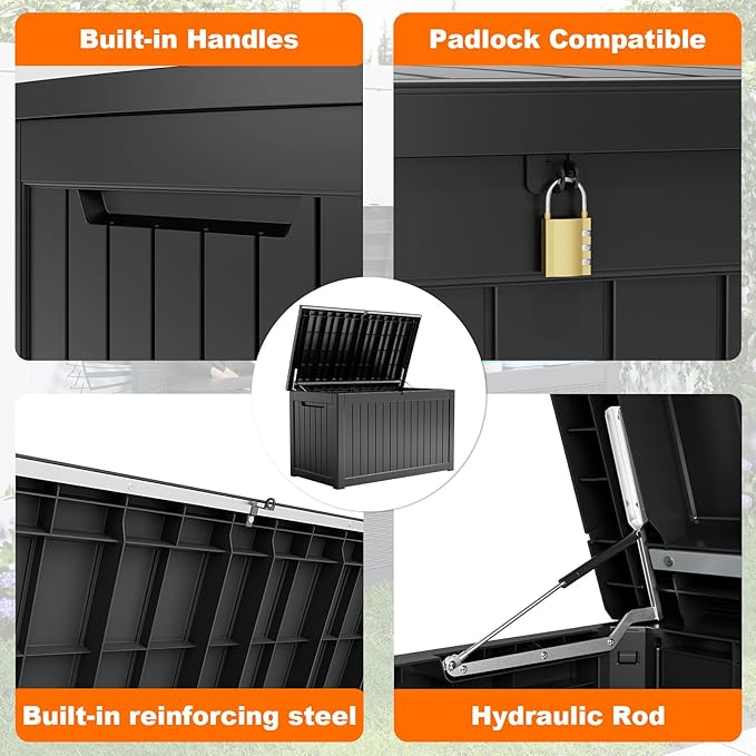 XXL 230 Gallon Large Resin Deck Box, Outdoor Lockable Storage Box for Patio Cushions Storage Furniture, Pool Supplies, Garden Tools, Weatherproof and UV Resistant- Black (230 Gallon)