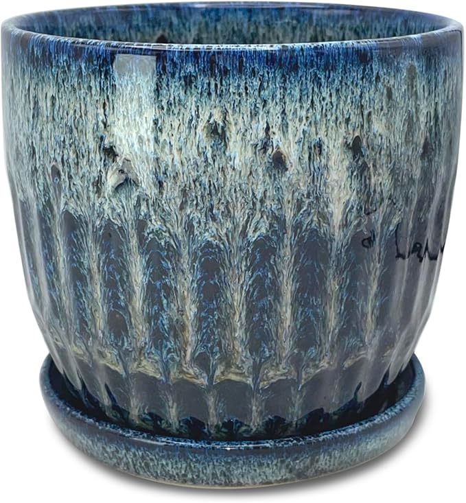 Ceramic Pots for Plants, 6in Ceramic Planters for Indoor Plants, Flower Pots with Drainage and Saucer, Reactive Glaze Blue