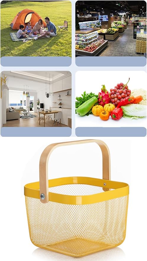 Metal Mesh Steel Basket, Storage Organizer Basket Multi-functional Hanging Kitchen Baskets Fruit Baskets with Wooden Handle for Kitchen Bathroom Picnic Shopping Decor Cabinet Home, Yellow