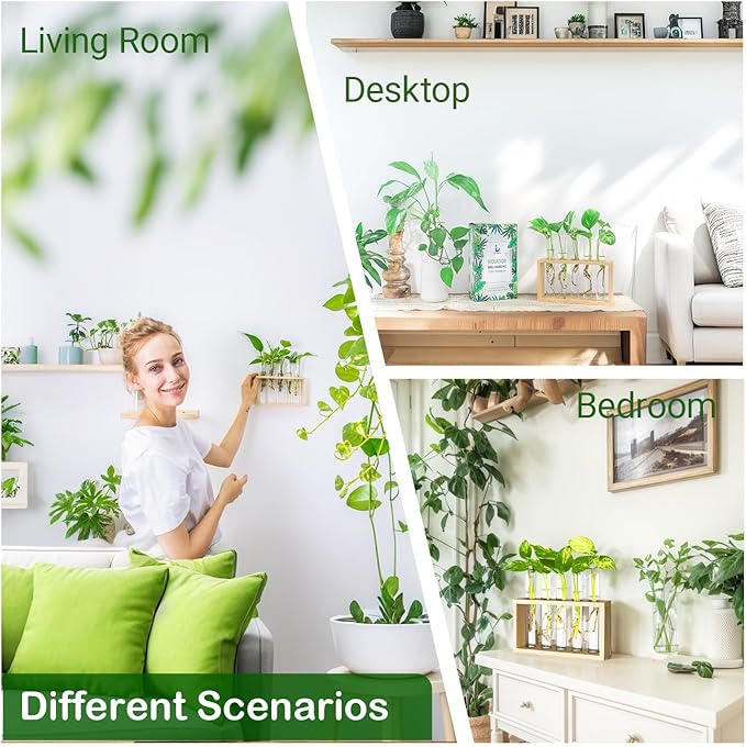 Ivolador Plant Propagation Station Terrariumin Wall Test Tube Vases Bud Tabletop Glass Wooden Stand with 5 Propagation Tubes for Propagating Hydroponic Plants Home Garden Wedding Decoration-Beige