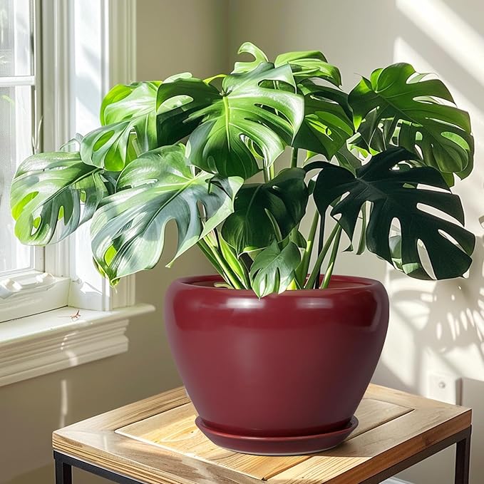 10 Inch Plant Pot - Ceramic Planter Pot with Drainage Hole and Saucer Large Planter for Indoor Plants Round Outdoor Flower Pot Mid-Century Decor Red