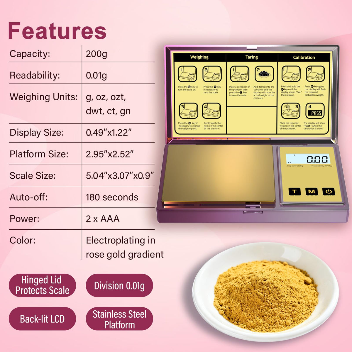 Raclomec 200g Purple Gradient Digital Scale – High Precision 0.01g Jewelry Scale for Gemstones, Powder, Spices & More (Auto-Off, Portable)