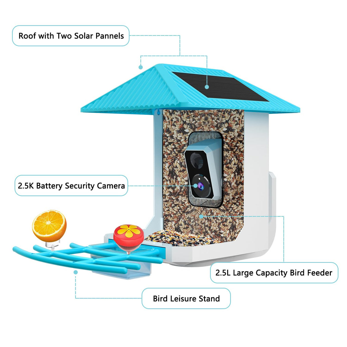 2.5K Smart Bird Feeder with Camera, 5GHz &2.4GHz Birds Watching Camera with AI Identify Bird Species, Outdoor Birds Feeder House with Solar Panel for BirdLovers (Blue)