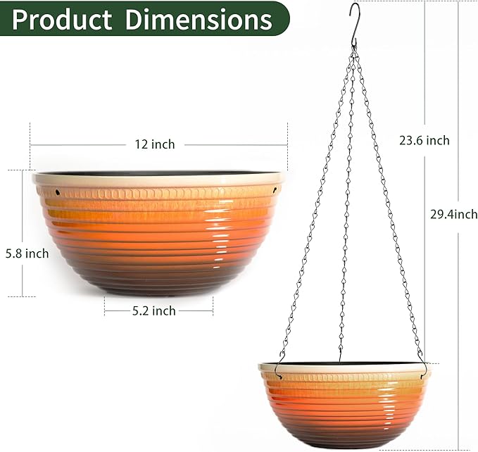 12 inch Hanging Planters for Indoor Outdoor Plants, 2 Pack Large Hanging Flower Pots with Drainage Holes and Chain, Glazed Hanging Baskets for Home Garden Decoration, Orange