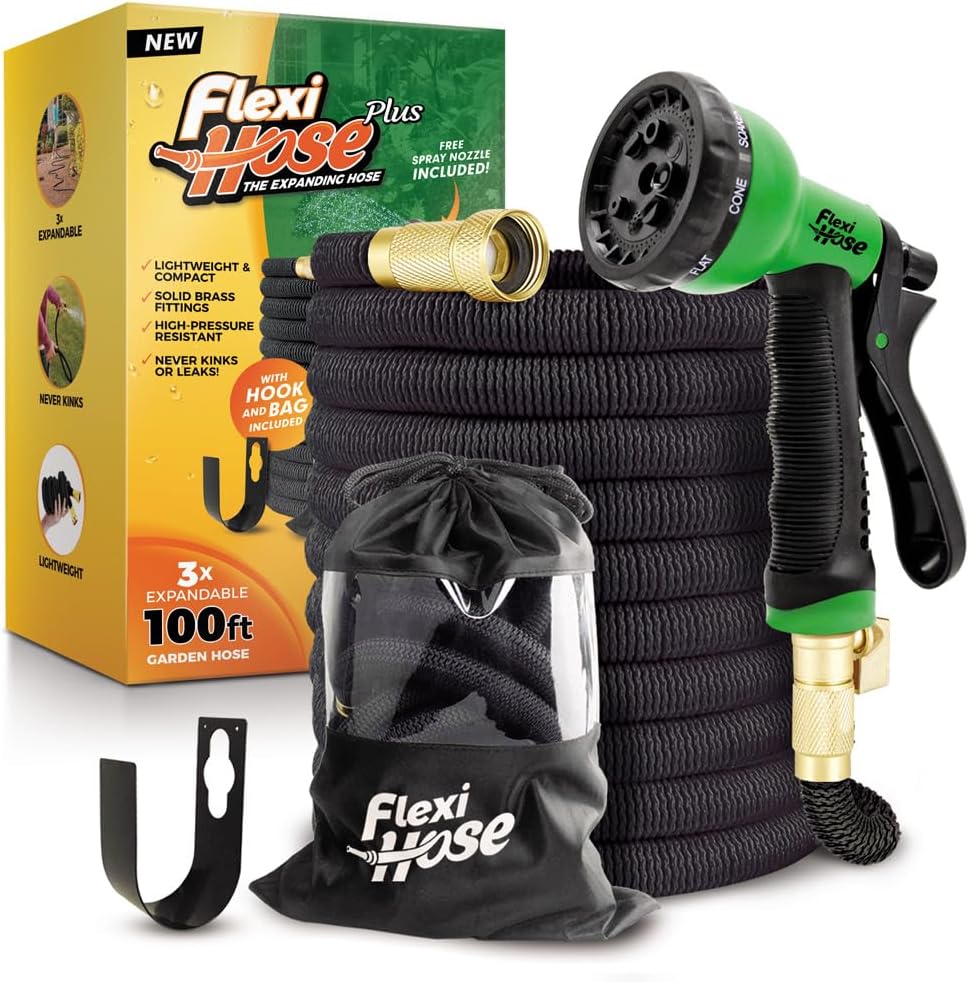 Flexi Hose PLUS with 8 Function Nozzle Expandable Garden Hose, Lightweight & No-Kink Flexible Garden Hose, 3/4 inch Solid Brass Fittings and Double Latex Core, 100 ft Black