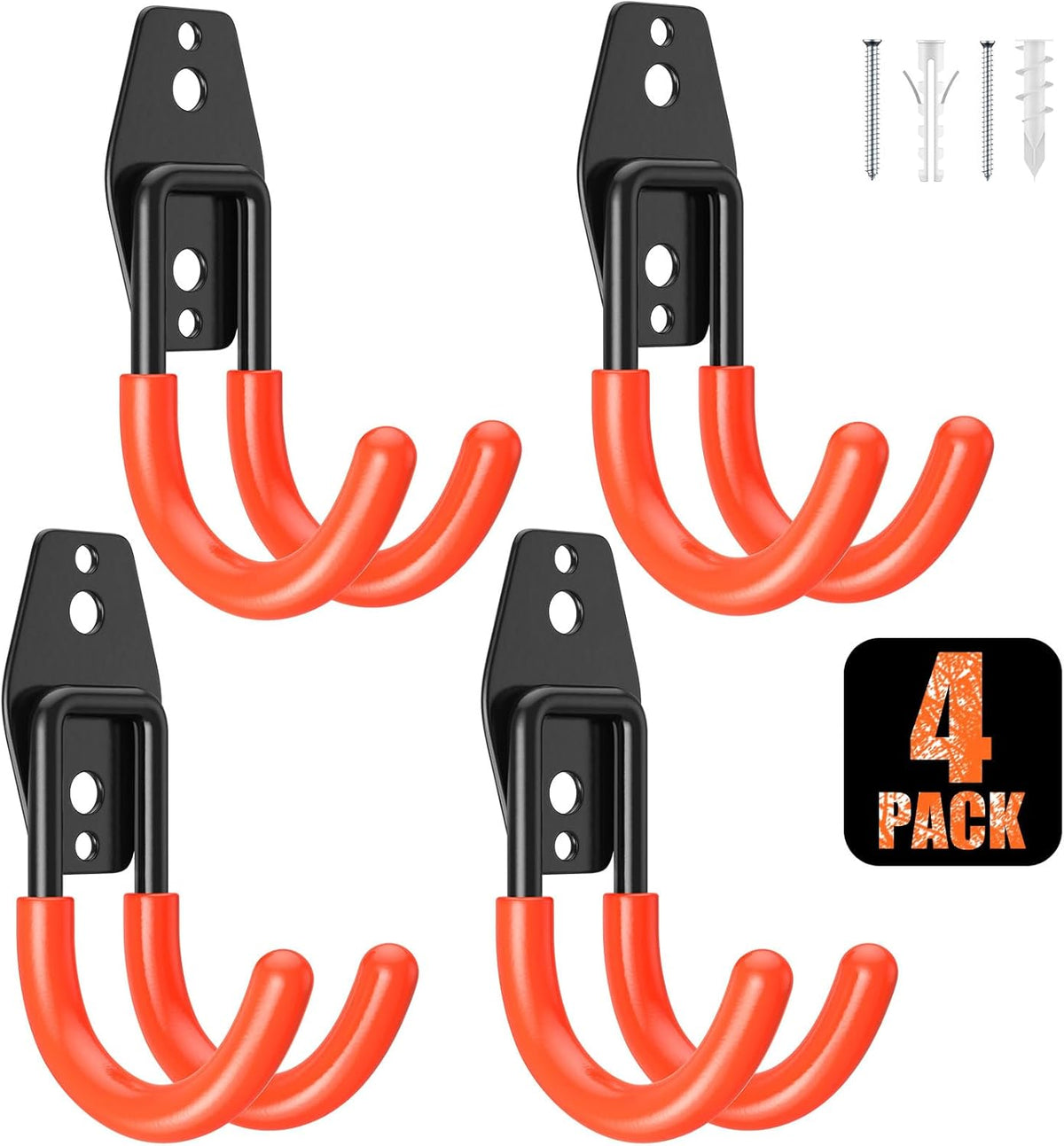 4 Pack 4.7x2.6 inch J Heavy Duty Garage Hooks,Solid Steel Wall Mount Hangers,with Anti-Slip Coating,for Hanging and Organising Ladder,Bike,Ropes,Broom,Garden,Yard and Power Tools