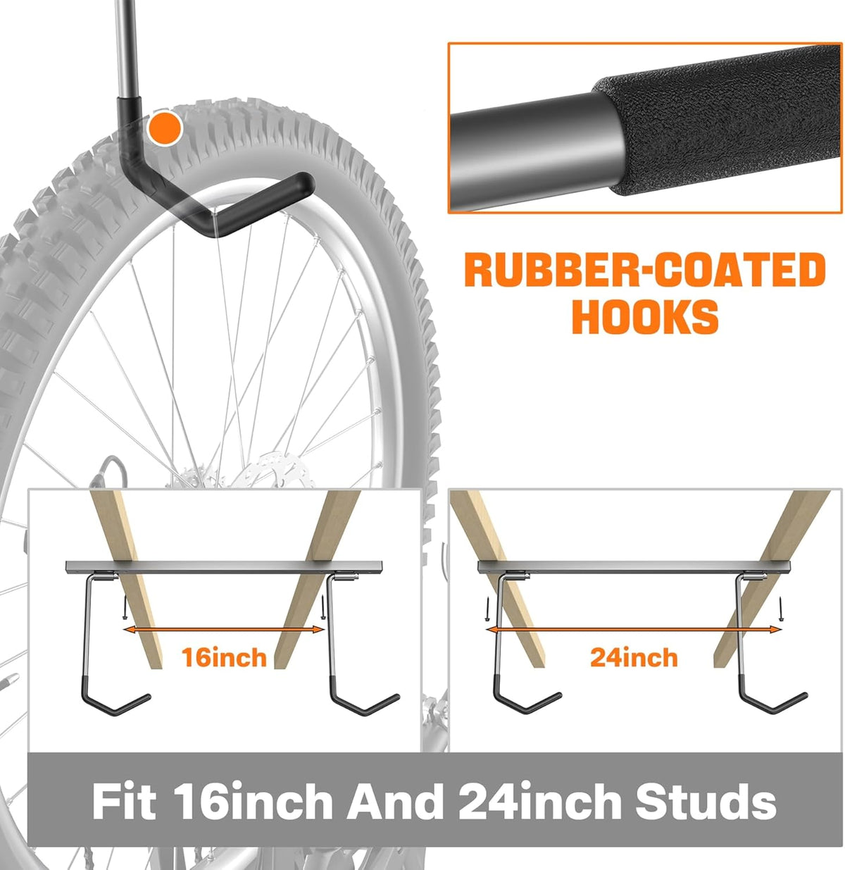TORACK Overhead Bike Rack for Garage, Ceiling-Mounted Bicycle Storage Hooks for 2 Bikes (Horizontal) or 4 Bikes (Vertical), Adjustable Bicycle Hooks for Mountain, Road, and Kids' Bike