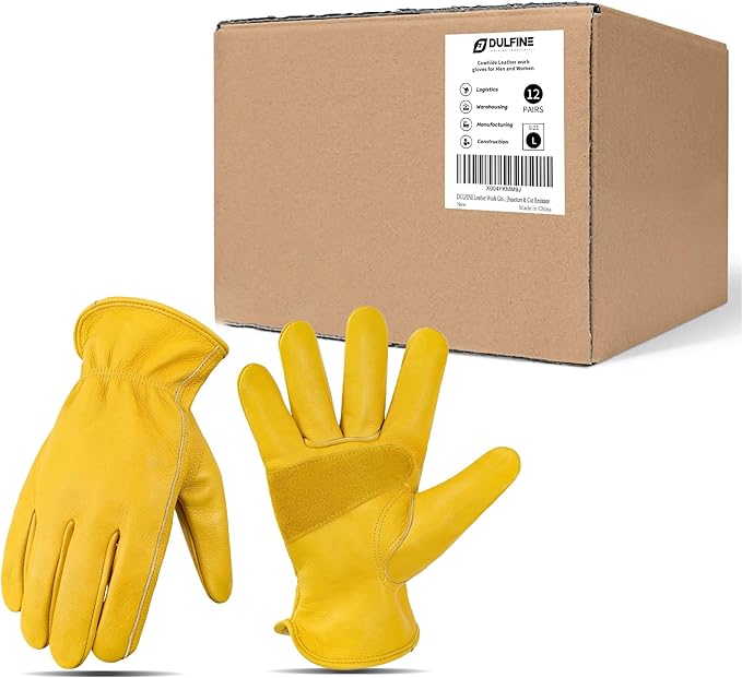 DULFINE Leather Work Gloves for Men & Women, Reinforced Durable Gardening Gloves,Cowhide Work Gloves,Puncture & Cut Resistant