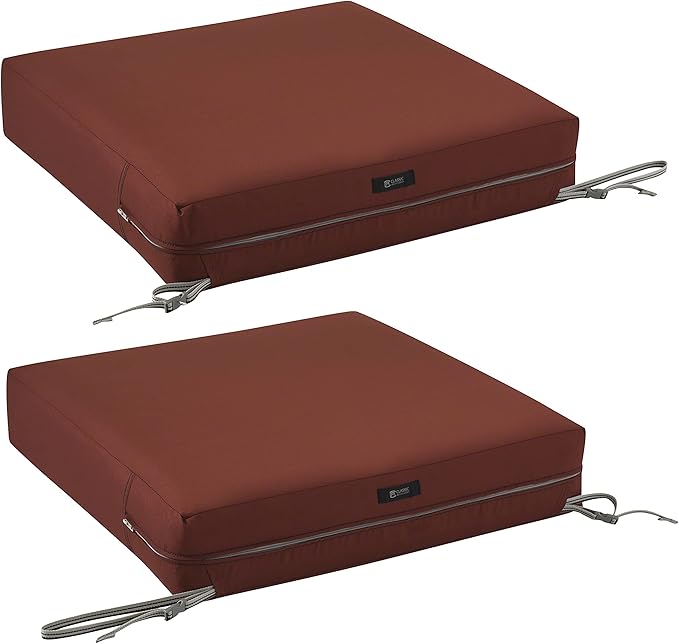 Classic Accessories Ravenna Water-Resistant 25 x 25 x 5 Inch Square Patio Seat Cushion Slip Cover & Foam, Spice, Lounge Chair Cushion