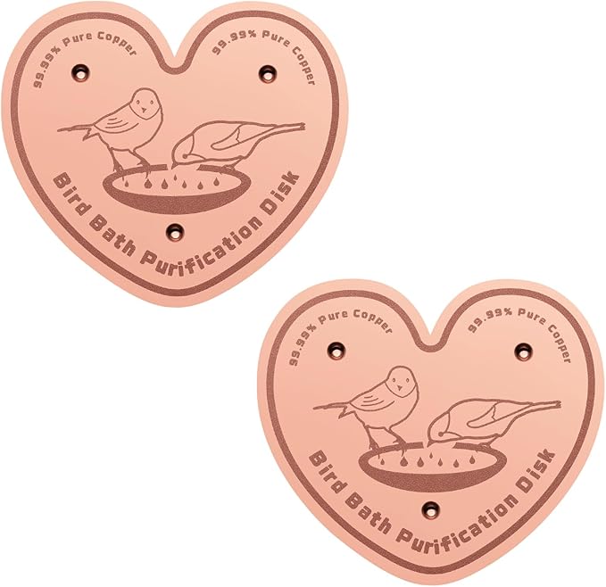 2-Pack 99.99% Pure Copper Bird Bath Purification Disk,Copper Disc with Stable Triple-Point Support,Fits All Outdoor Bird Baths(Heart-Shaped)