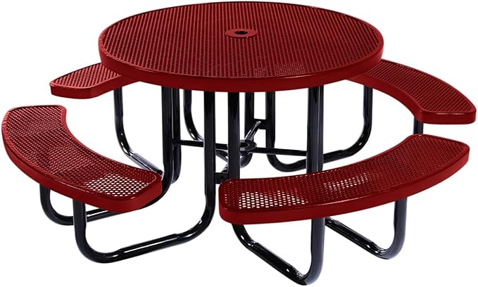 Coated Outdoor Furniture Heavy-Duty Portable Outdoor Picnic Table with Umbrella Hole, Punched Steel Commercial-Grade Patio Dining Furniture Made in America (46" Round Top, Textured Burgundy)