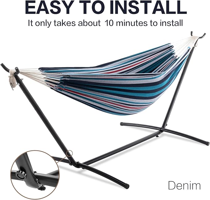 PNAEUT Double Hammocks with Stand for Outside, Portable Space Saving Heavy-Duty Steel Stand for Indoor Outdoor Patio with Carrying Bag, 450 lbs Capacity (Denim)