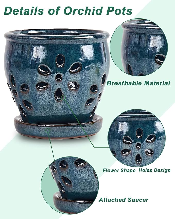 vensovo 5 Inch Ceramic Orchid Pots with Holes and Saucers - 1 Pcs Small Succulent Pot for Repotting, Garden Flowerpots for Plants Indoor and Outdoor Promotes Air Circulation, Blue