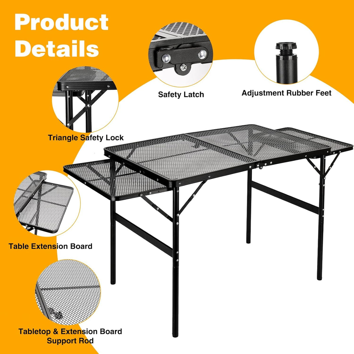 Grill Table Folding Table with 2 Wing Panels 3FT+1.4 FT with with 1×2/5 L Storage Bag Mesh Desktop 2 Height Adjustable Portable Grill for Outdoor Indoor Beach BBQ Picnic Travel RV Black