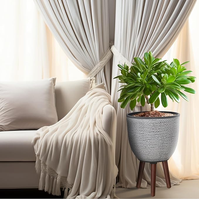 12 Inches Plant Pot with Stand, Large Decorative Standing Planters with Drainage Holes for Indoor Plants, Modern Gray Flower Pots with Legs