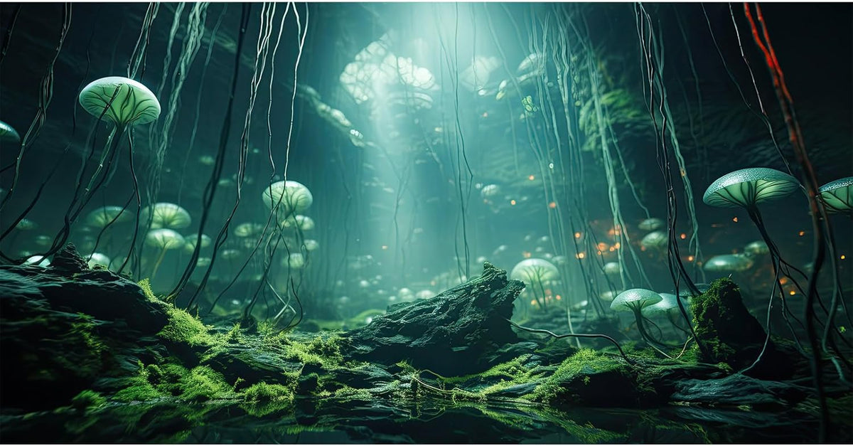 Aquarium Background Foggy Stone Mushroom Green Moss Fish Tank Background Mysterious Green Seaweed Scenery Aquarium Backgrounds White Mushroom Reptile Tank Enclosure Backgrounds Wallpaper 30x12in