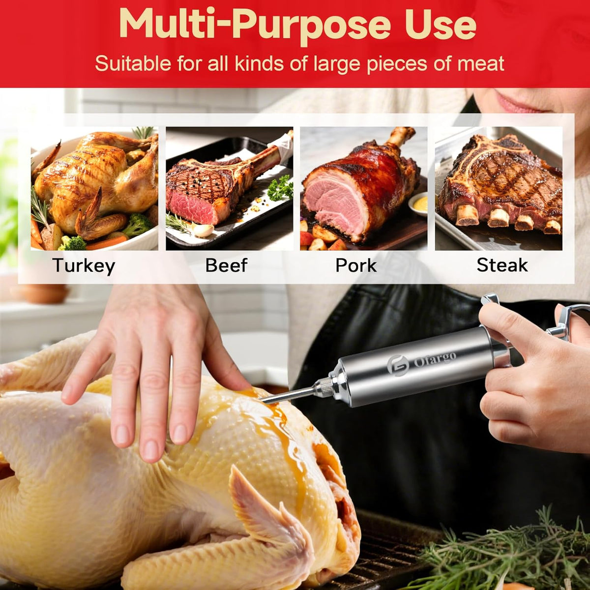 Stainless Steel Meat Injector Syringe with 4 Marinade Needles and Travel Case for BBQ Grill Smoker, gifts for men dad husband in Thanksgiving Christmas day