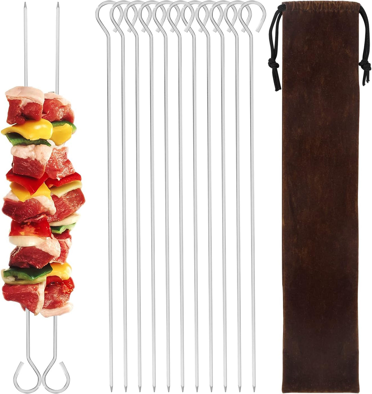 12" 12 Pack - Metal Skewers Reusable Kabob Skewers BBQ Barbecue Skewers for Grilling, Stainless Steel