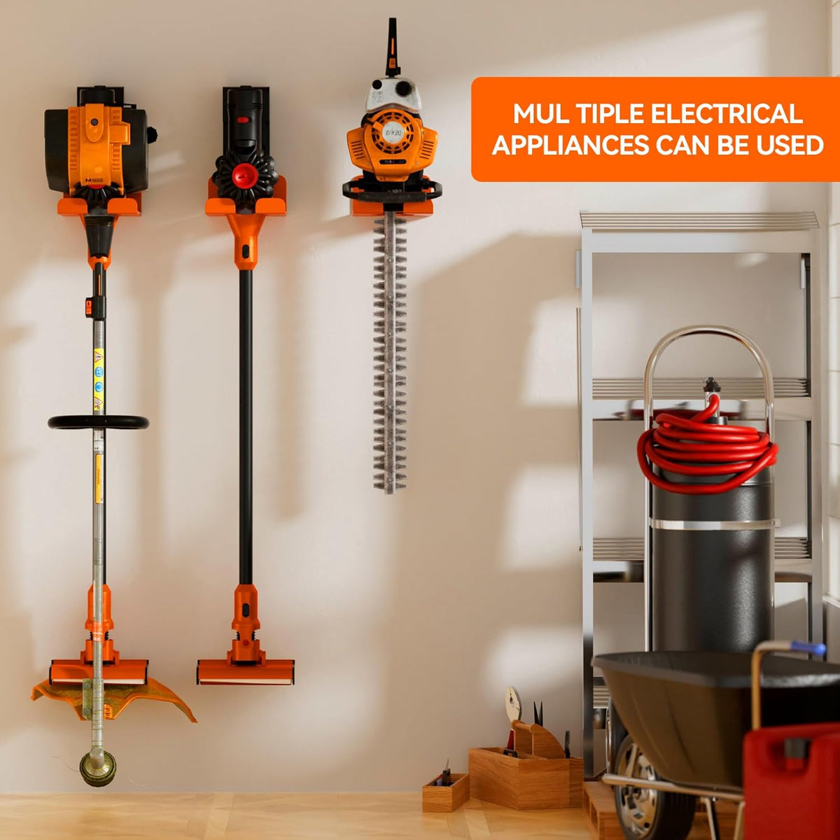 Garage Organizer Trimmer Rack, Garden Power Tool Hanger Weed Whackers Holder Wall Mounted for Grass Trimmer, Hedge Trimmer, Garage Trimmer, Garden Tools,1 Pack(Orange)