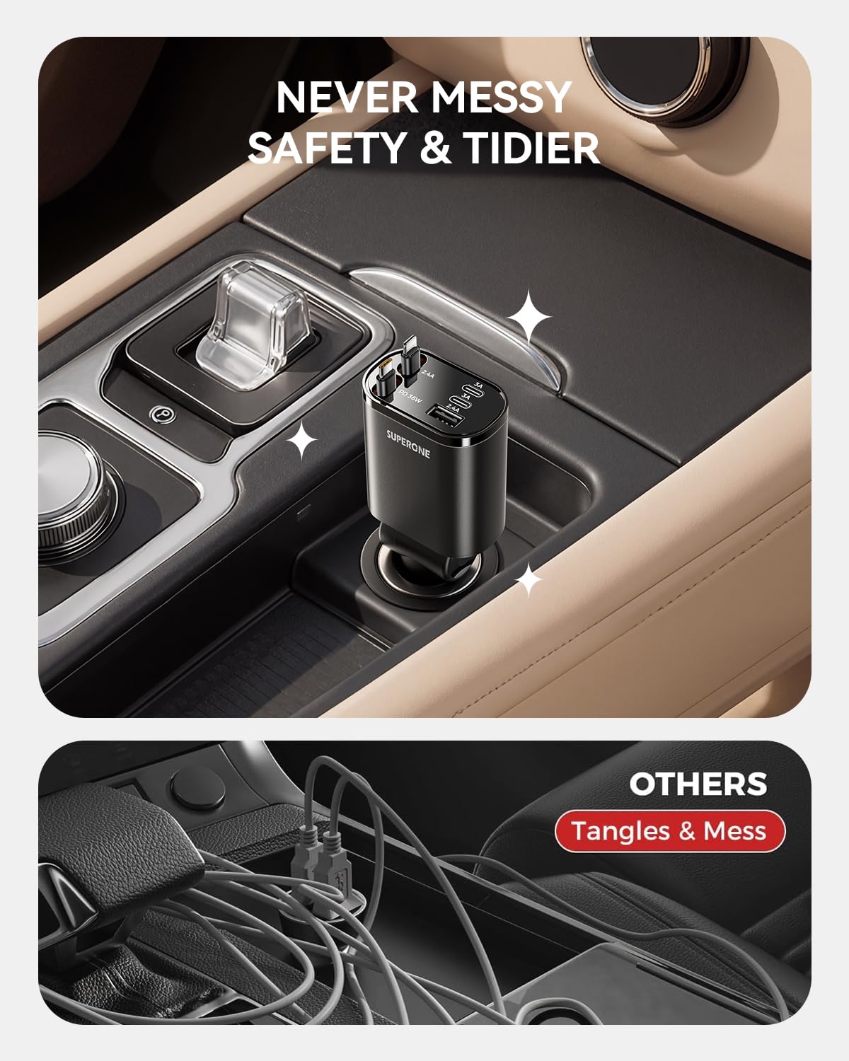 SUPERONE 90W Retractable Car Charger with Dual Cables Car Phone Charger