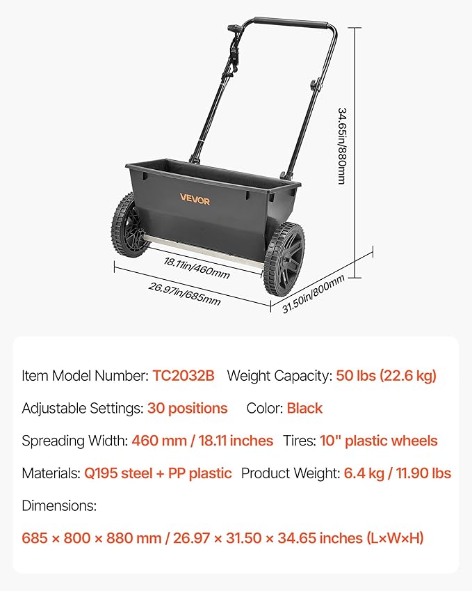 VEVOR Broadcast Spreader, 50LBS Capacity, Walk-Behind Push Spreader, 18 in Spreading Width, 8 in All Terrain Pneumatic Tires, Lawn Spreaders with Hopper Grate, for Seed, Fertilizer, Ice Melt