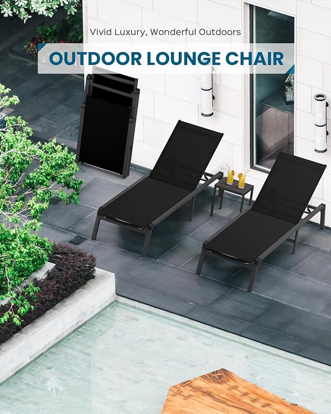 Pool Lounge Chairs Set of 2, Foldable Aluminum Chaise Lounge Outdoor with 5 Positions Recliner - Free Assembly - Patio Chaise Lounge Chair for Poolside, Beach, Yard (Black, 2 Pack)