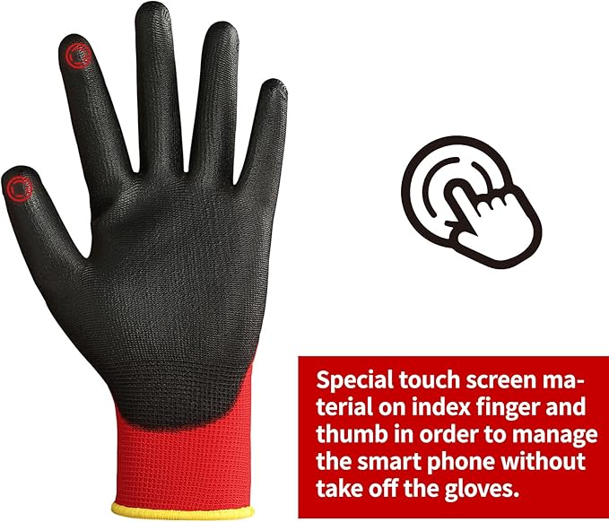 DULFINE Safety Work Gloves PU Coated for Men and Women-12 Pairs,Red Seamless Knit Glove with Two Fingers Touchscreen,Ideal for General Duty Work (Extra Large)