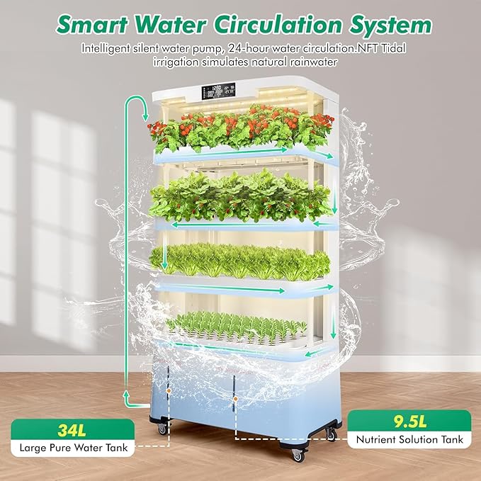 4-Tier Hydroponics Growing System Kit with 130 Pods, Lager Indoor Garden System with LED Grow Light, Automatic Quiet Water Circulation, Food-Grade PP Material Hydroponic Tower for Vegetables