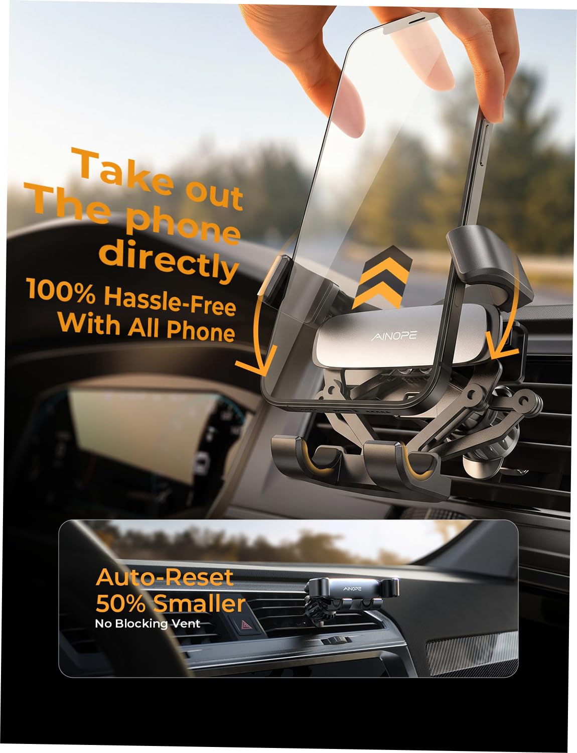 AINOPE Air Vent Phone Mount for Car [Drop-in Grip]Gravity Phone Holder for Car Vent Phone Mount for iPhone 18 Pro Max 17 16 15 Galaxy S26 S25, Universal Interior Accessories Gifts for Men Women, Black