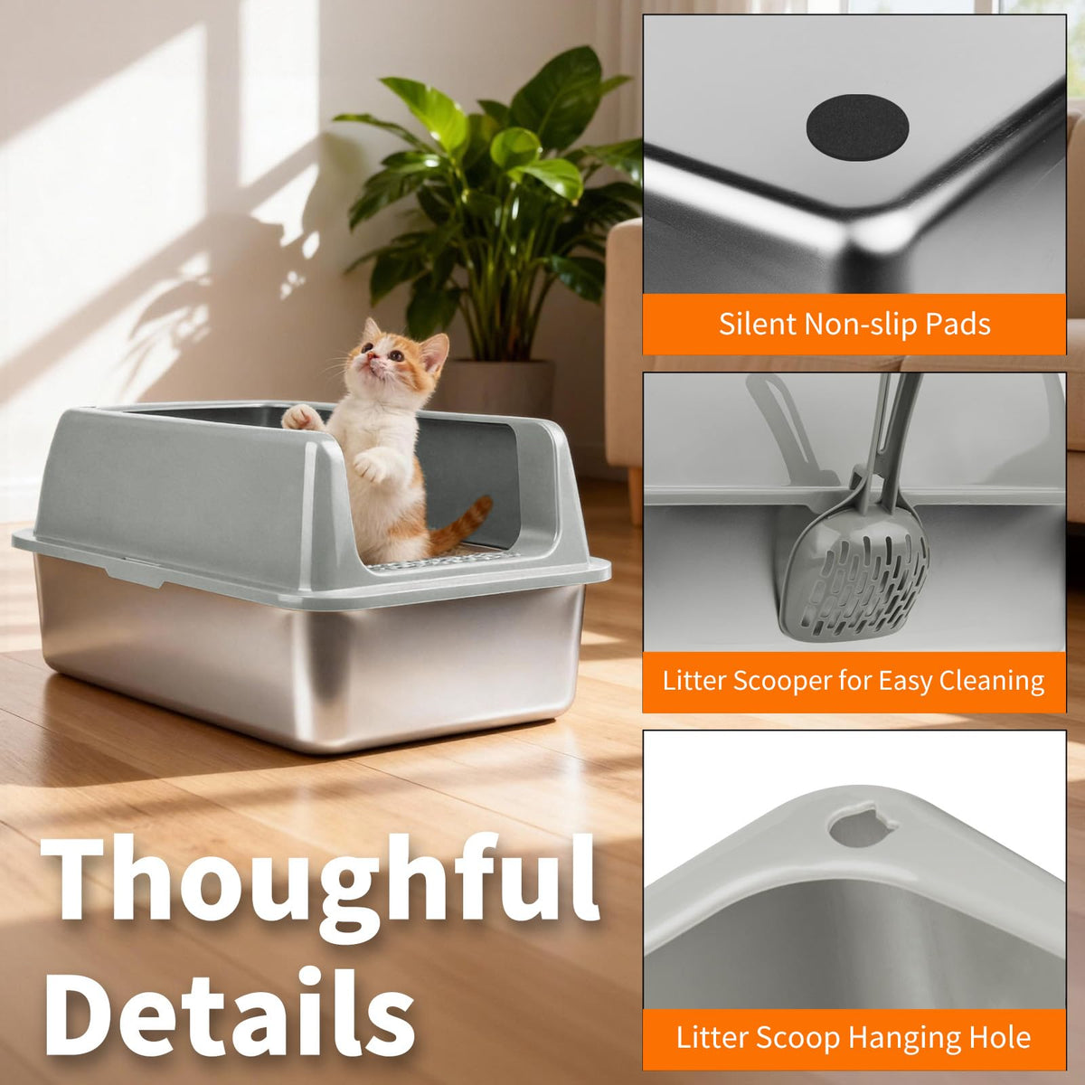 Kirecoo 2 Pack Medium Semi-Enclosed Stainless Steel Cat Litter Box with Lid