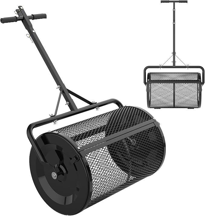 Seeutek Compost Spreader, 24" Peat Moss Spreader with 3 Heights, Top Soil Spreader W/Upgraded Side Latches Support Rod Powder Coated Metal Mesh Top Dressing Spreader for Lawn, 2 Way Uses-Push or Tow