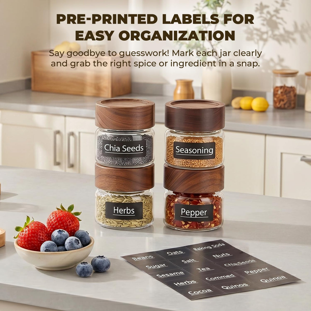 Kalnsa 6 Pack 4 oz Glass Jars with Lids, Small Mason Jars with Airtight Acacia Wood Lid, Mini Glass Spice Jars for Kitchen Pantry Organization, 4oz Small Containers for Coffee Sugar Tea & Candy