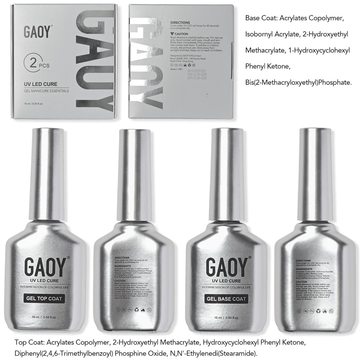 GAOY 16ml 2 Pcs Glassy Gel Top Coat and Base Coat Set,No Wipe Foundation Combination for UV Light Cure Nail Polish