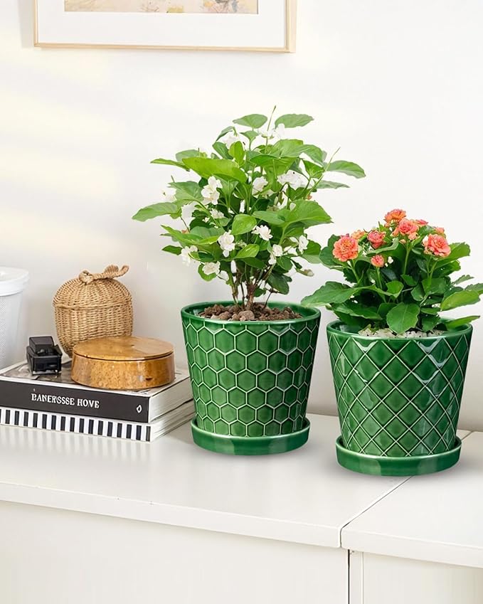 EFISPSS 6 Inch Plant Pot,Ceramic Pots for Plants with Drainage,Flower Pots Indoor Pots for Plants, Modern Flower Pots for Home and Office,Set of 2 - Patina