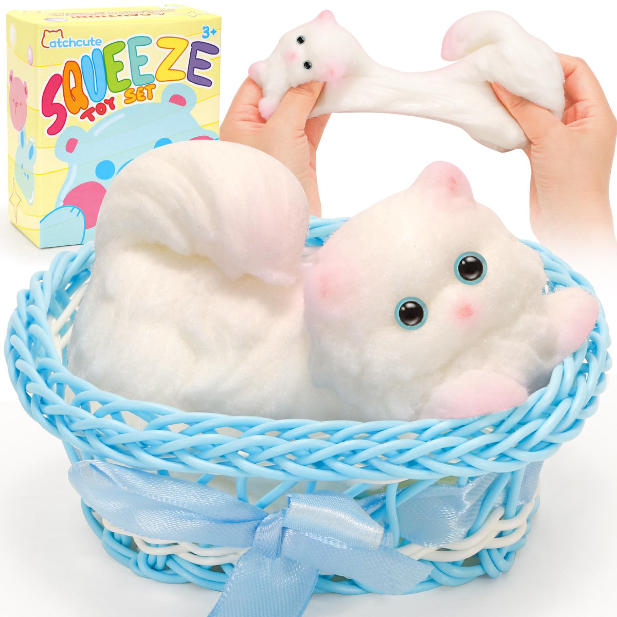 CatchCute Big Squeeze Cat Toys with Basket,Soft Cat Squishies Sensory Fidget Toys for Stress Anxiety Relief, Sticky Toys Party Favors Christmas Birthday Gift for Kids Teens
