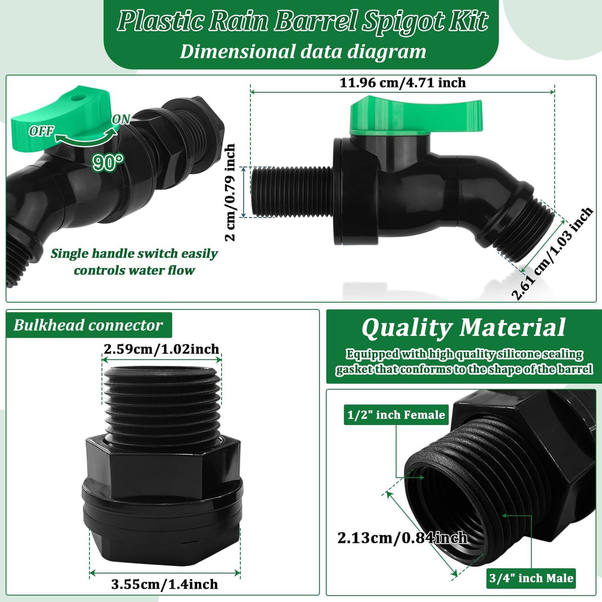 Plastics Rain Barrel Spigot Kit High Flow Valve Core Water Tank Faucet+PVC Bulkhead Fitting 1/2" NPT to 3/4" GHT Rain Barrel Spigot for Plastic Bucket Rainwater Drum Container Downspout Collector in