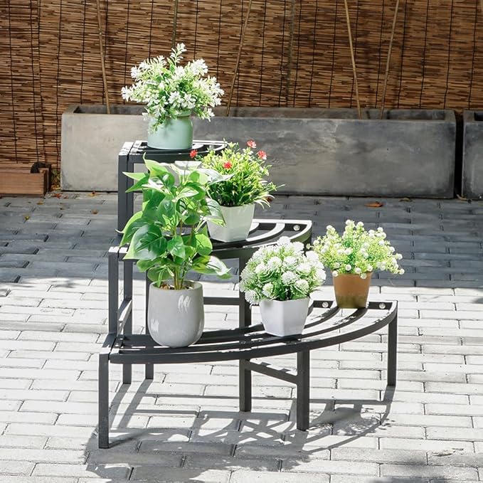 Black Corner Plant Stand - 3-Tier Space Saving Flower Pot Rack - Rustproof & Weather Resistant Indoor/Outdoor Ladder Display Shelf for Patio, Garden, Yard, Balcony