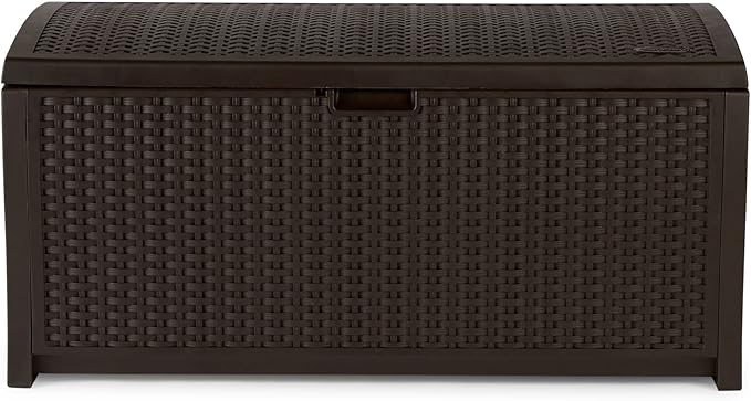 Suncast Outdoor Storage Box - 73 Gallon Mocha Brown Deck Box for Patio, Waterproof Outdoor Storage Bench, Resin Wicker Style, Heavy-Duty, Lockable Lid for Cushions, Shoes, Pool & Garden Gear