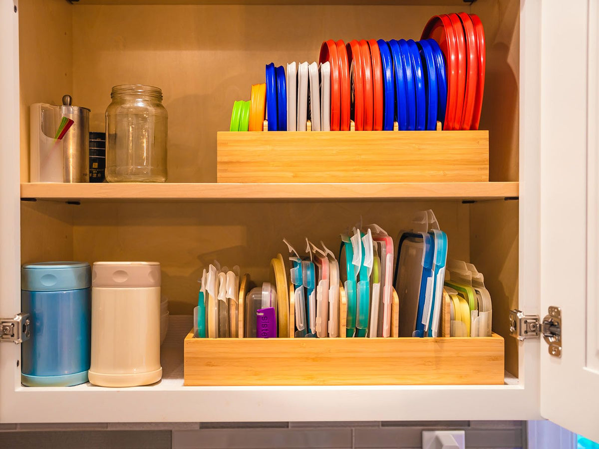 Umilife Large Bamboo Food Container Lid Organizer for Kitchen Cabinet