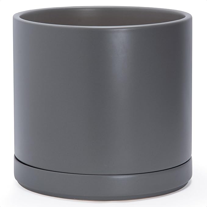 D'vine Dev 14 Inch Ceramic Planter Pot with Drainage Hole and Saucer, Indoor Cylinder Round Planter Pot, Speckled Grey, 94-O-G-3
