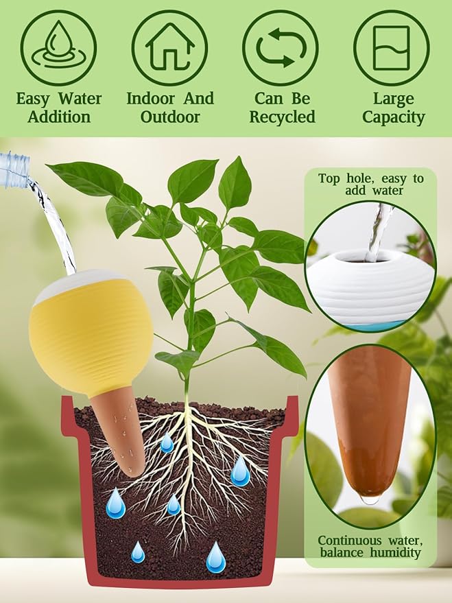 4Pcs Plant Watering Globes, Kalolary Large Terracotta Automatic Watering Stake Devices with Wooden Stopper for Pots, Planters, Indoor, Outdoor