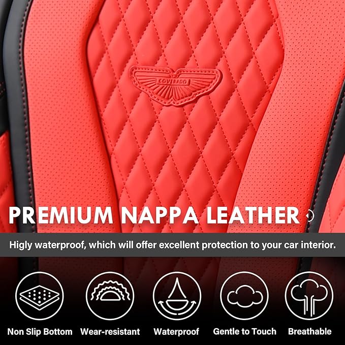 Coverado Car Seat Covers, Seat Covers Full Set, Red Car Seat Cover, Auto Seat Covers Front Seats Rear Seat Cover, Luxury Car Seat Cushion,Leather Seat Cover Seat Protector Universal Fit Most Cars