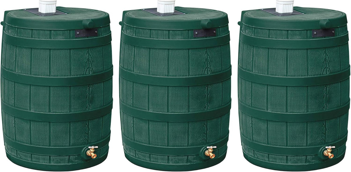 Good Ideas Rain Wizard Water Storage Collection Barrel with Brass Spigot, Safety Screen, and 50 Gallon Capacity, Green (3 Pack)