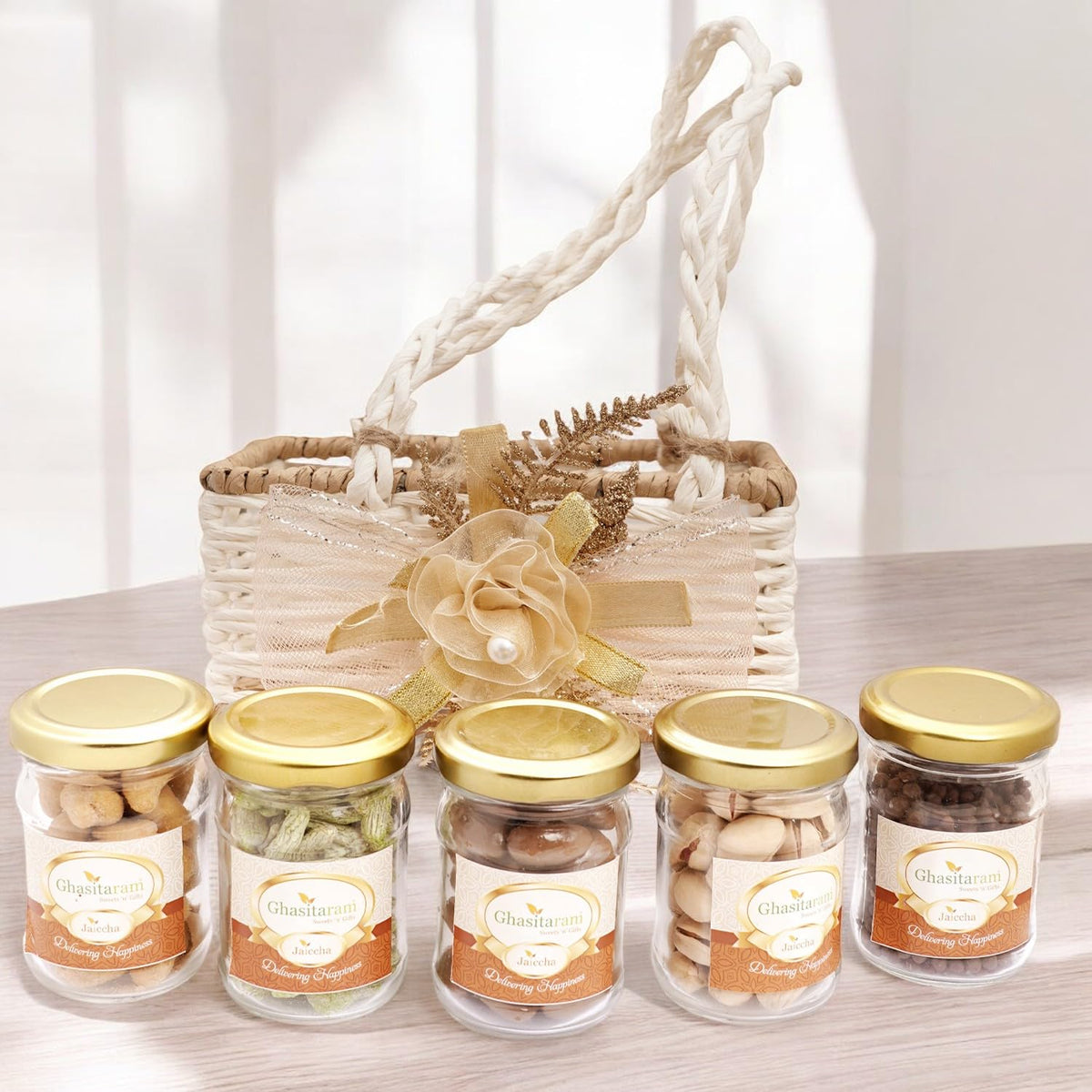 Ghasitaram Gifts Jaiccha Jute small basket with flower 5 Jars |Gift for Diwali,Holi,Rakhi,Valentine,Christmas,Birthday,Anniversary,Her,Him|