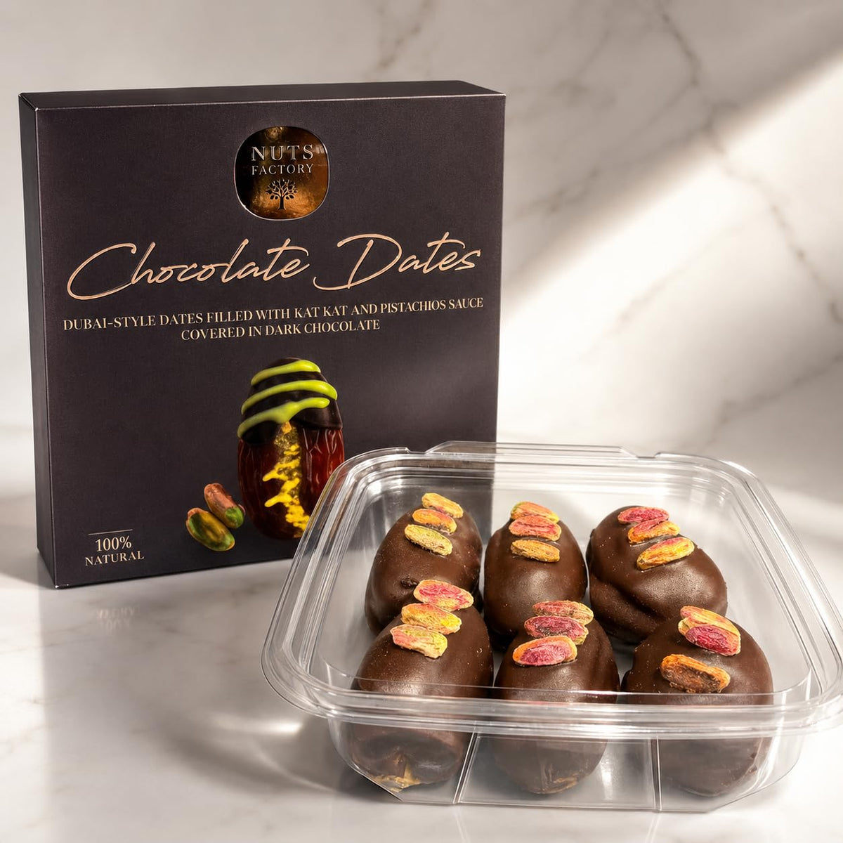 Nuts Factory Chocolate Dates - Dubai Style Dark Chocolate Covered Dates with Kataifi & Pistachio Filling, Gourmet Stuffed Date Dessert Treats