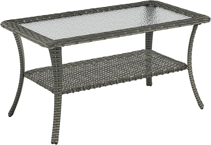 Patio Tables Outdoor Coffee Table - Wicker Rattan Coffee Tables with 2-Tier Storage Shelf Glass Top for Outside Proch Deck Balcony Garden Rectangle Mixed Grey